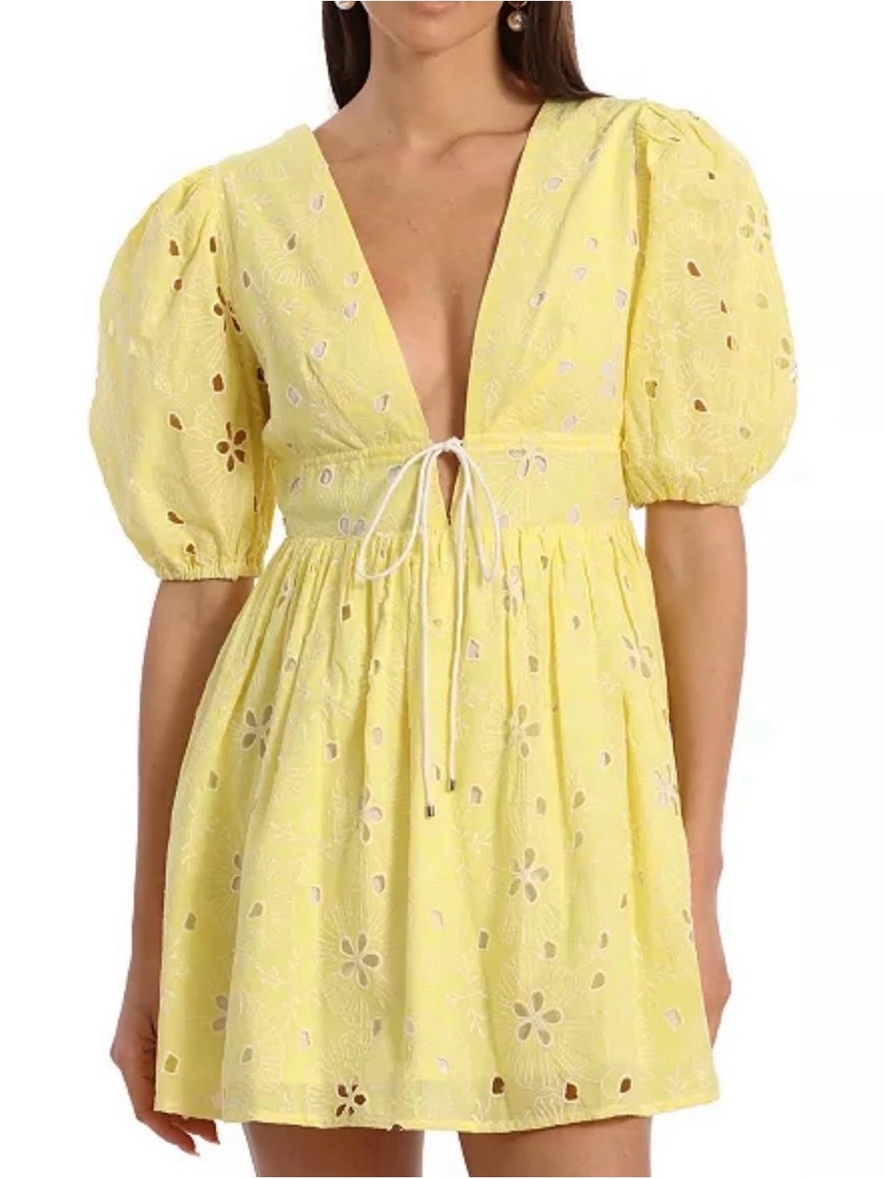 Avec Les Filles Yellow Eyelet Puff-Sleeve Mini Dress